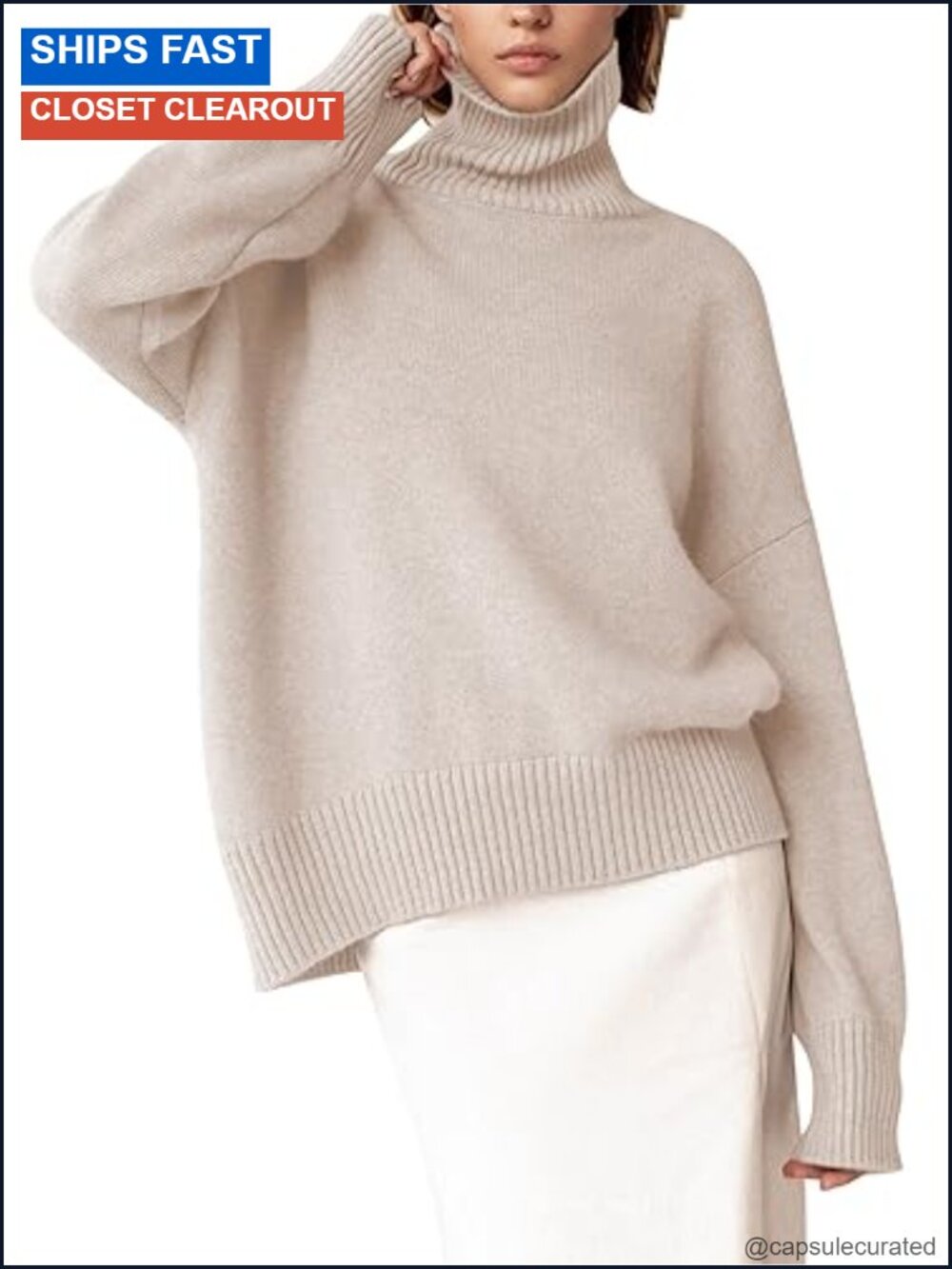 Women's Chunky Turtleneck Sweater Long Sleeve High Low Hem Pullover Jumper
